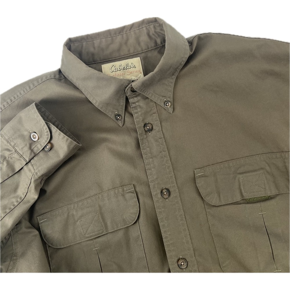 Cabelas Outfitter Series Mens Large Olive Green Twill Button Down Field Shirt